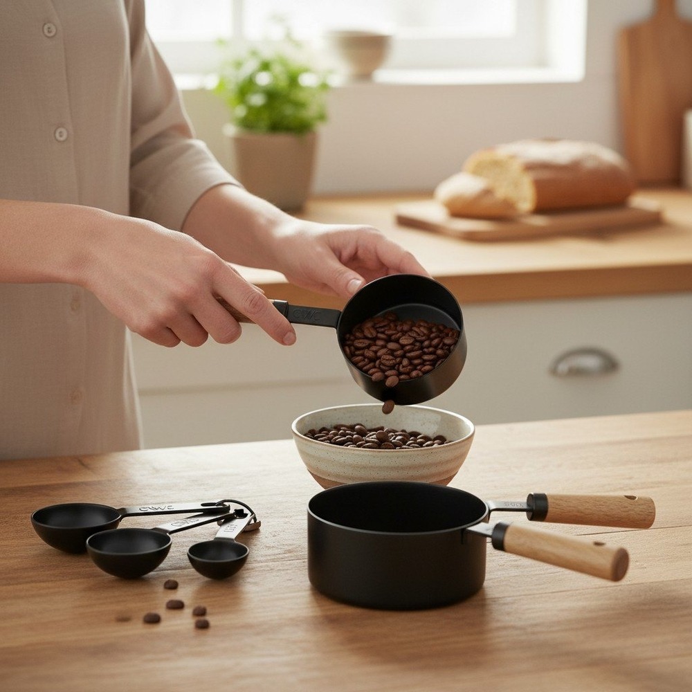 CWC Acacia Wood Measuring Cups Spoons Set 8pc Black SMS812 New